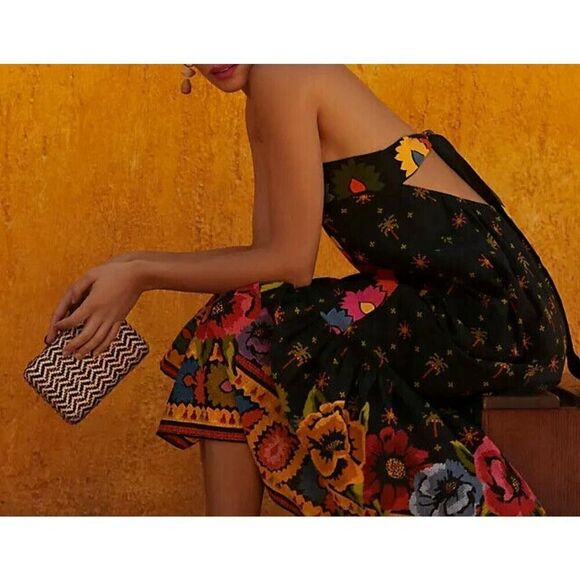 Anthropologie Farm Rio Embroidered Dress Strapless Black Folklore Size m petite - Picture 10 of 11